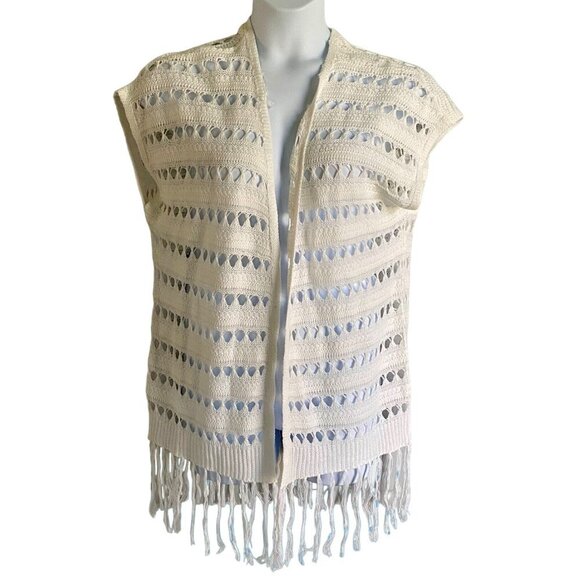 Jolie & Joy White Open Knit Sleeveless Cardigan Tassel Trim Junior's Size Medium - Picture 1 of 7